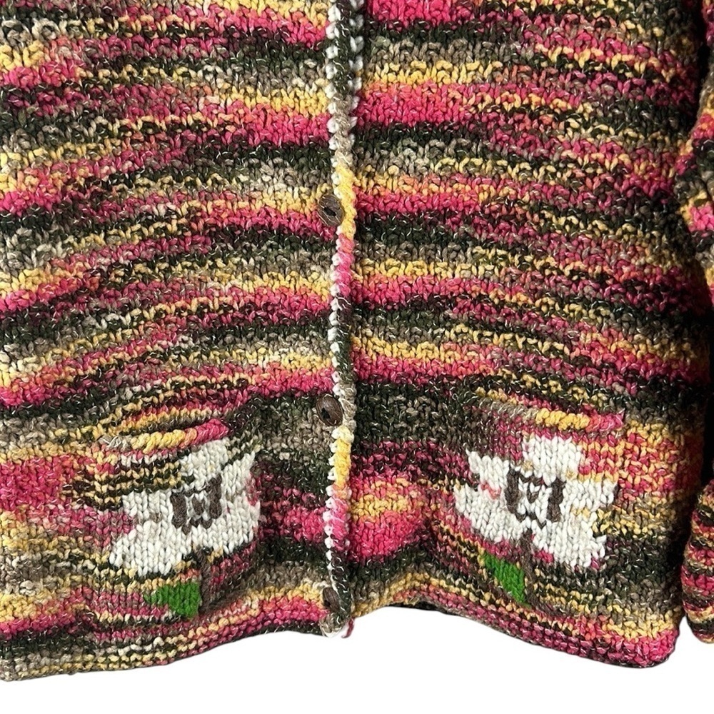 Boho Tight Hand Knit Wool Floral Trim Button Down Sweater Cardigan Coat Size XL - Picture 7 of 7
